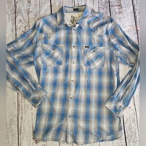 Bullhead Plaid Snap Button Western Shirt Blue Gray Cotton Large Y2K